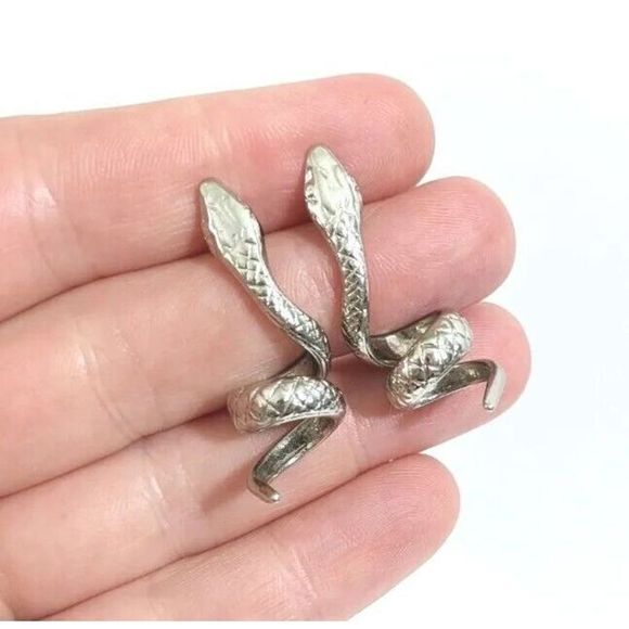 Coiled Snake serpent Stud Earrings - Silver Toned